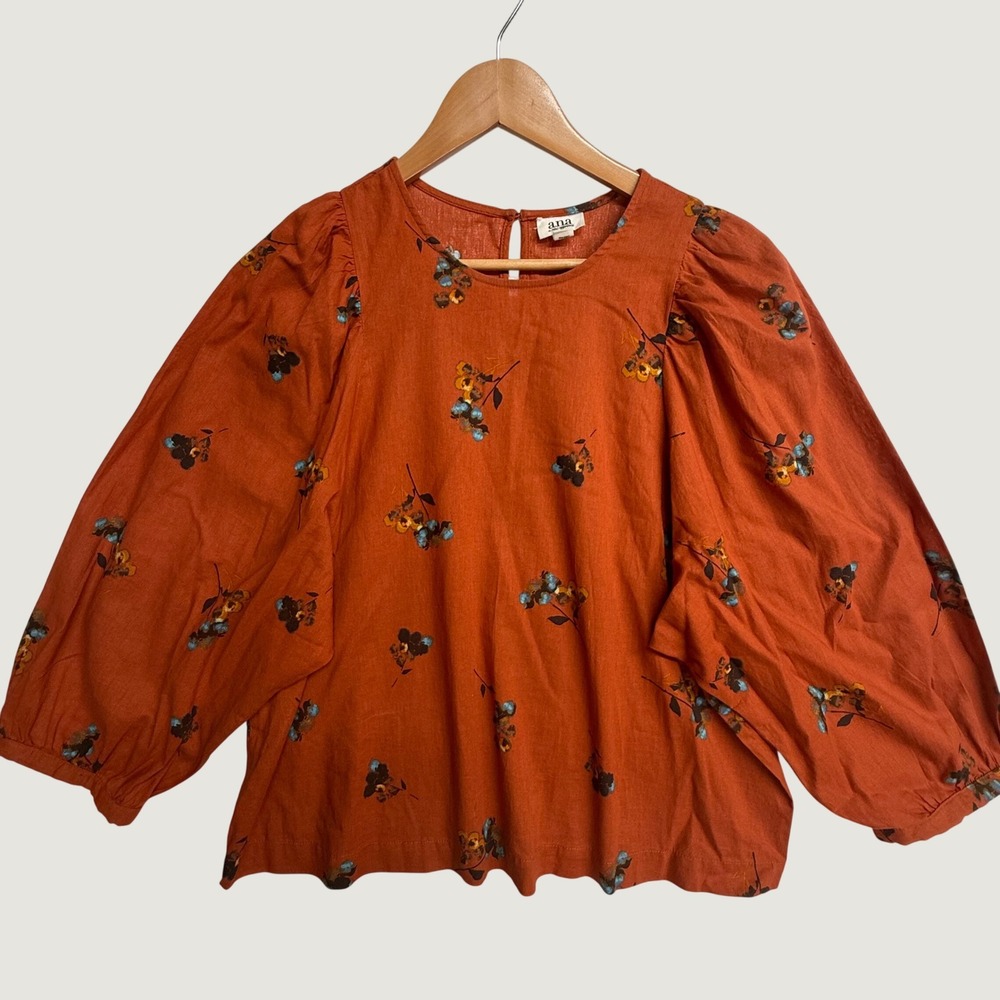 a.n.a Womens Large Rust Floral 100% Cotton Puff Sleeve Blouse Boho Fall Top